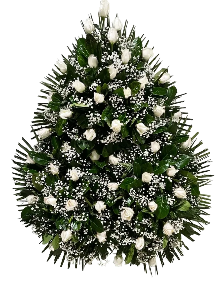 Corona de rosas blancas y flor de acompañamiento